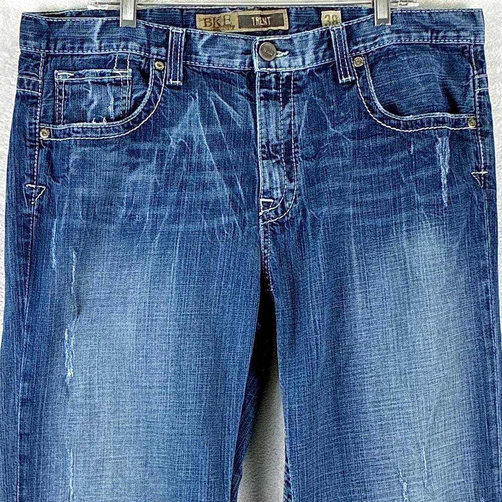 VTG BKE Trent Jeans Men 38x32 Faded Distressed Whiskered Marbled Western Y2K